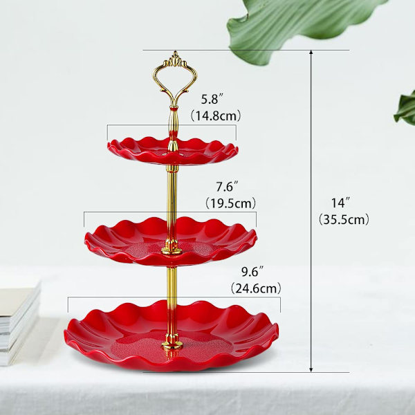 Plastik Cupcake Stativholder - 3 Etagers Dessert Stativ Tårn - Etagers Serveringsbakke til Bryllup Baby Shower Te Selskab Fødselsdag - Rød