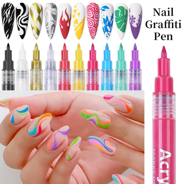 10 farver Nail Art Penne Sæt Nail Art Painting Pen Nail Art Graffiti Pen Hurtigtørrende Vandtæt Nail Point Graffiti Dotting Pen