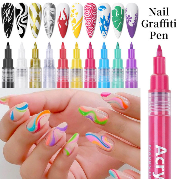 10 väriä Nail Art Kynäsarja Nail Nail Art Set Nail art Graffiti Kynä Nopeasti kuivuva Vedenpitävä Nail Point Graffiti Dotting Pen