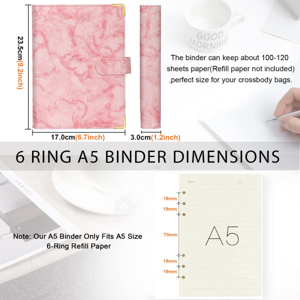 Läder A6-mapp 6 runda ringpärmar Planner Notebook Cover för A5-fyllpapper (inre papper ingår ej) Marmorrosa