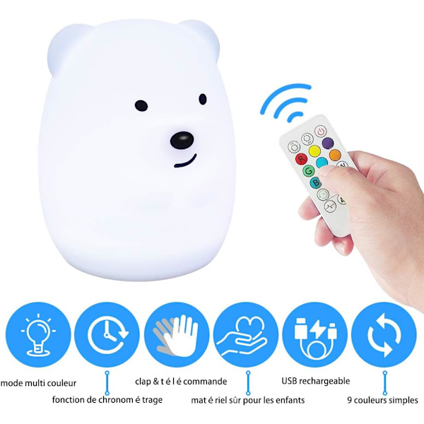 Børns natlys bjørn natlys LED-lampe soveværelse 9 farver  multifarvet USB genopladelig let natlys med fjernbetjening