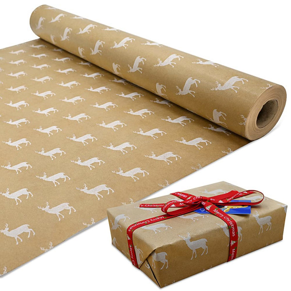 10m rull med Kraft hvitt elg gavepapirrull, 100 % resirkulerbar ECO-gave til bursdagspresang, festdekorasjoner (10 m x 44 cm) Deer