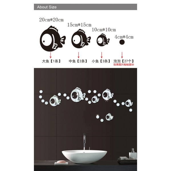 3D Akryl Veggklistremerfisk og Bobler Speilklistremer Miljøvennlige Veggklistremer for Soverom Stue Bad Dekorasjon (Sølv)