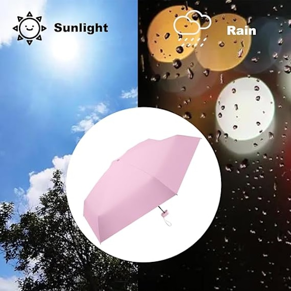 Taitettava matkavarjo, pieni ja kompakti sateen- ja auringonvarjo, tuulenpitävä UV-varjo vetoketjullisella kotelolla naisille ja tytöille, vaaleanpunainen