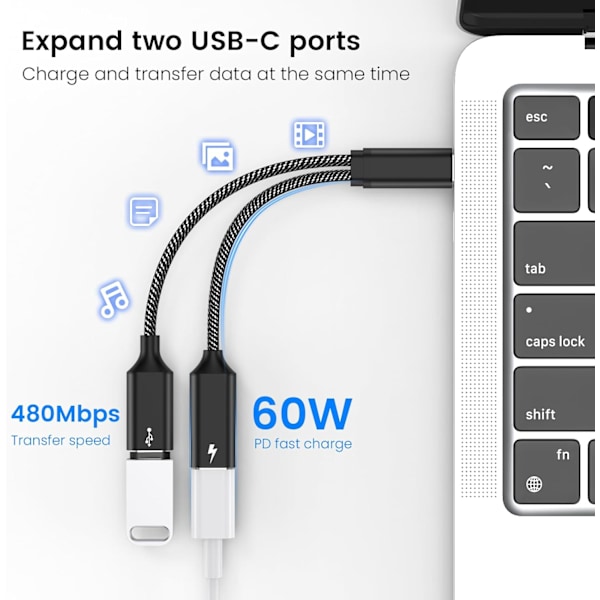 60W USB C Splitterkabel, Snabbladdande Typ C Splitterkabel med Dataöverföring, 2 i 1 USB C Splitteradapter för iPhone 15, Macbook, Xbox, Laptop black