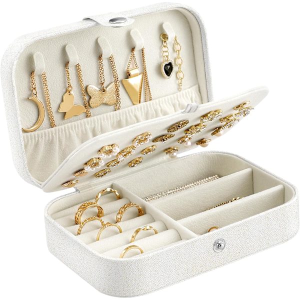 Lille rejse smykker arrangør opbevaringsboks til halskæde ringe armbånd øreringe premium faux PU læder smykker gaveæske kvinder (hvid)