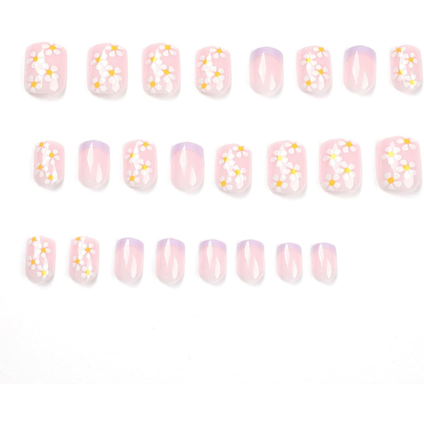 24 stk Franske Falske Negle Hvide Spid Firkantede Klistermærker Blomster Tryk på Negle med Rhinestones Aftagelige Lim-på Negle, 0199Y03