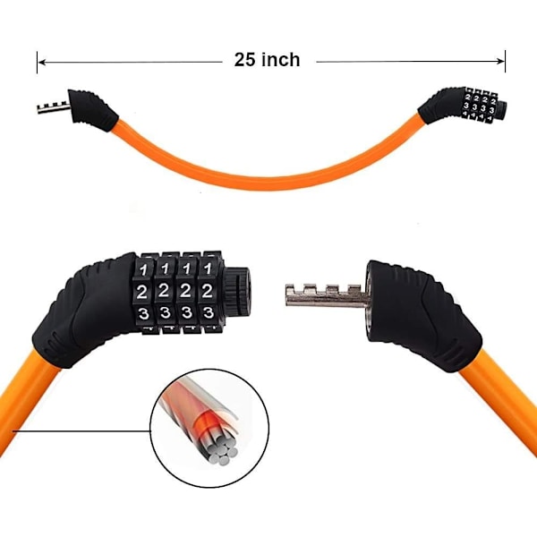 Säkerhetscykellås 4-siffrig återställningsbar kombinationskabel för cykel, 2 fot x 1/2 tum, orange