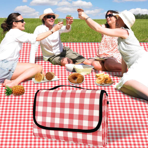 Stort picnictæppe, 200 x 200 cm, med håndtag, vandtæt bund, maskinvaskbart, foldbart, blødt og bærbart vandretæppe (rødternet)