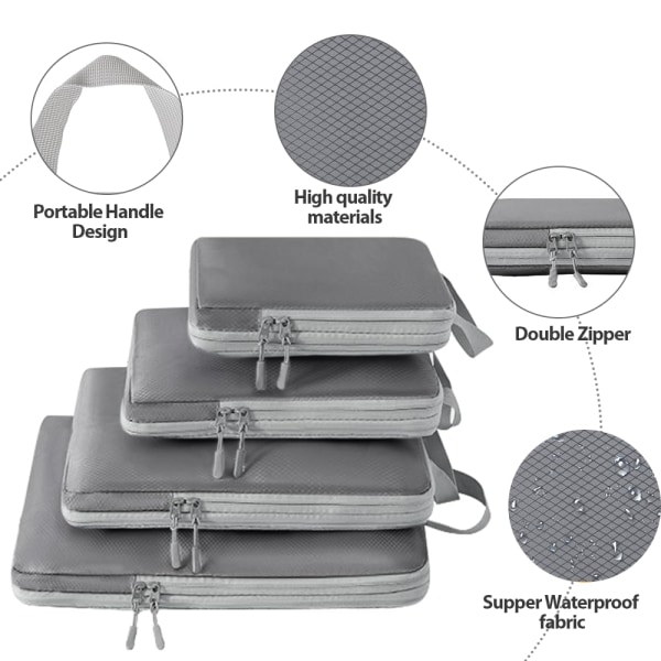 Koffert Organizer Kompresjonspakkeposer - 6-delt Pakkekuber Kompresjonskoffert Organizer, Pakkekuber Reise Organizer Sett grey