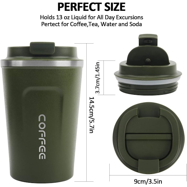 Kaffe Kop, 380ml Vakuum Genanvendelig Lækagesikker Dobbelt Væg Kaffe Kop, Isolering Rustfrit Stål Miljøvenlig Krus (Grøn) ArmyGreen