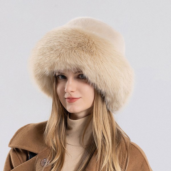 Pels kvinnehatt for vinter, imitert pels vinterhatt, mote tykk tykk fiskerhatt Khaki