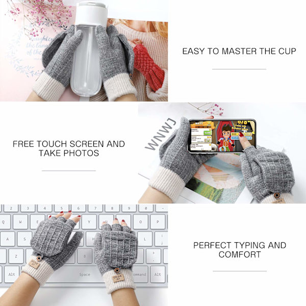 Damehansker Vinter Touchscreen Hansker Strikket Fingerhansker Sport Varme og Vindtette Vinterhansker for Ski Kjøring Gray