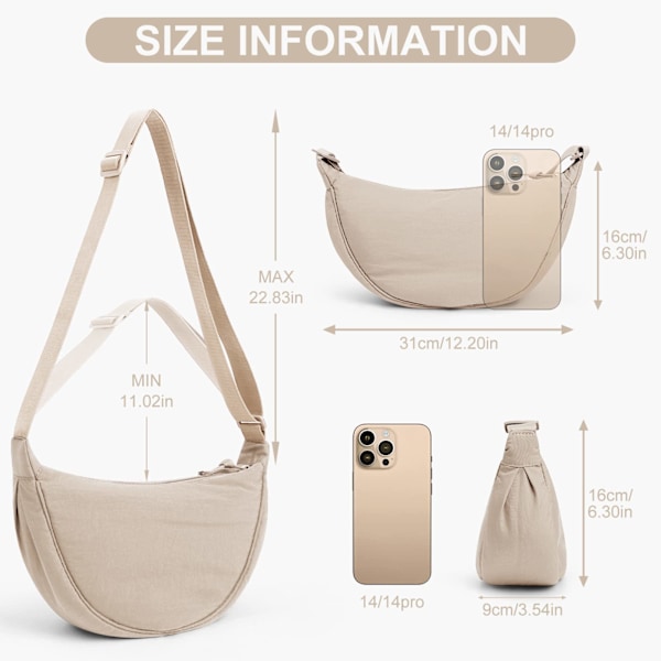 Crescent taske til kvinder, nylon crescent tasker Hobos Crossbody taske bærbar crescent pung med justerbar rem Solid Color brysttaske skuldertaske beige