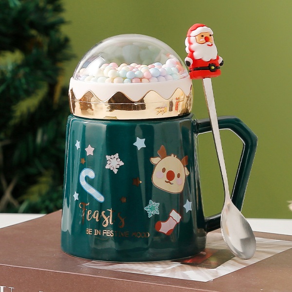 Julekaffekrus Te Mælkekop med låg og håndtag Keramiske tekopper Mikrobølgesikker sublimering Keramik Perfekt til fødselsdag jul Green