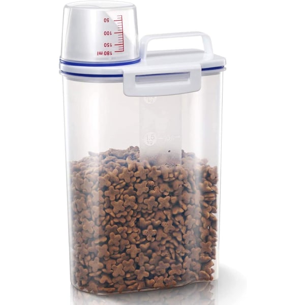 Matoppbevaringsbeholder for små kjæledyr Katt Lufttett kjæledyrmatbeholder med målebeger helletut BPA-fri plastbeholder (28,5*15,5*8,5 cm)