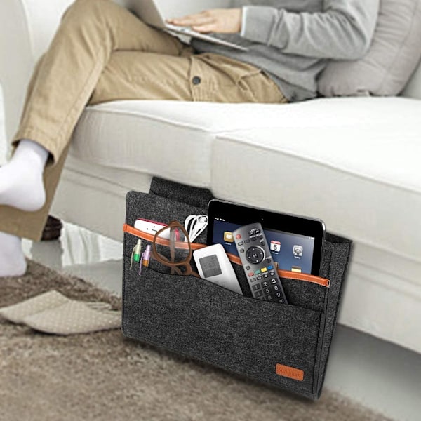 Sengarrangør, filt sengetaske, skridsikker sengebordspose, sofa seng hængende opbevaring til bøger, blade, iPad, mobiltelefon, fjernbetjening navy grey