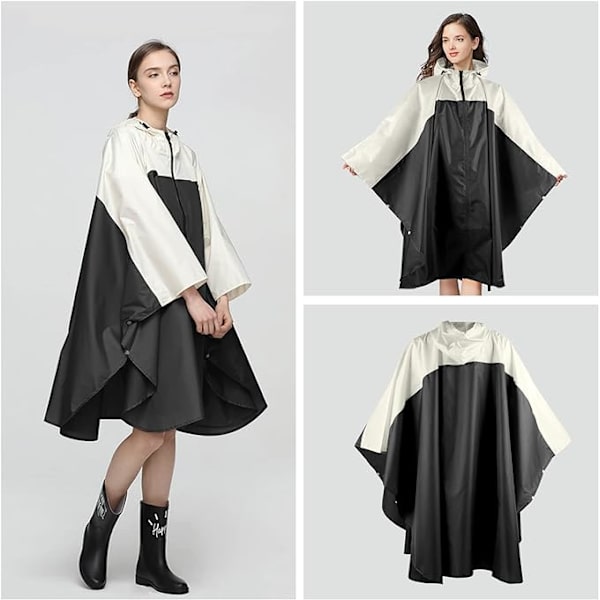 Regnjakke Dame Herre Regnponcho Regnfrakk Vanntett Lett Regnklær med Hette Regnkappe Jakke Regnponcho Kappe black+white
