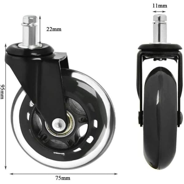 Sæt med 5 silikonehjul til kontorstol, stammediameter 11 mm, sort ODIPIE
