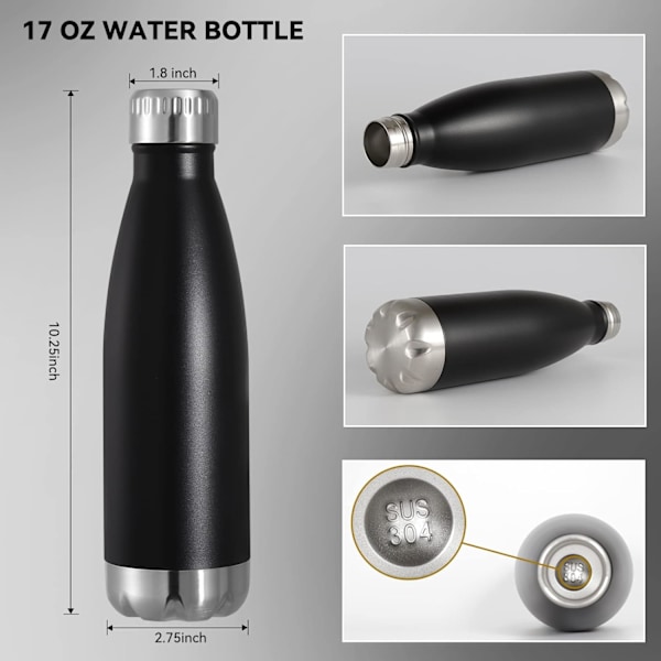 17oz rustfrit stål vandflasker, genanvendelig metal sportsvandflaske holder drikkevarer varme og kolde, 2 stk. sorte