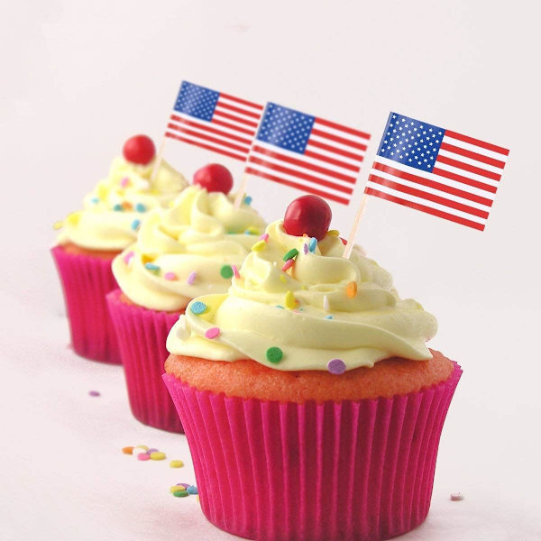 USA:n lipun hammastikut, cocktail-tikut, cupcake-tikut, kakunkoristeet isänmaalliseen teemajuhlaan, 4. heinäkuuta koristeet, moniväriset, 50 kpl