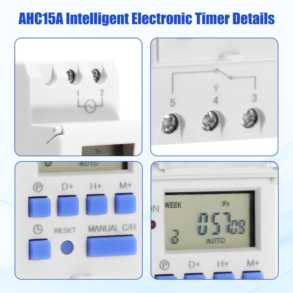 LCD-display timer, 220 °C, 15 A, ukentlig, programmerbart relé, for gatebelysning og husholdningsapparater.