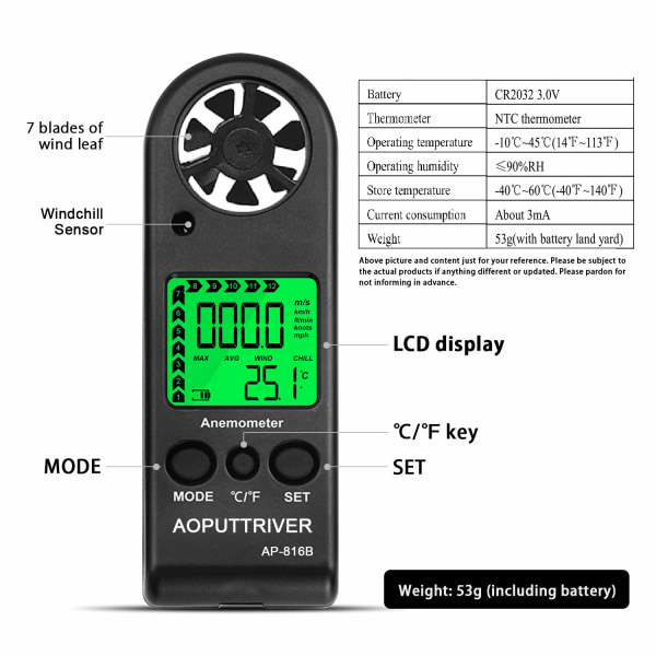 Digitalt anemometer håndholdt vindmåler for måling av vindhastighet, temperatur og maks, måling for windsurfing seiling fiske(svart)