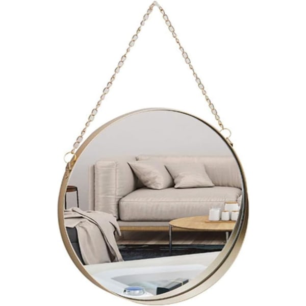 Hanging Mirror, 25x25cm Round Bathroom Makeup Mirror Brass Frame with Chain