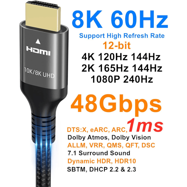 10K 8K 4K HDMI-kaapeli 48Gbps 1M, Sertifioitu Ultra High Speed HDMI® -kaapeli 4K 240Hz 144Hz 8K60Hz 0.01ms HDR10+ ARC eARC HDCP2.3 Netflix Roku TV PC-näyttö