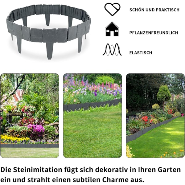 Udendørs havekantsten, plastikhavekant, grå havekant, 10 stk. plænekant 2,5 m