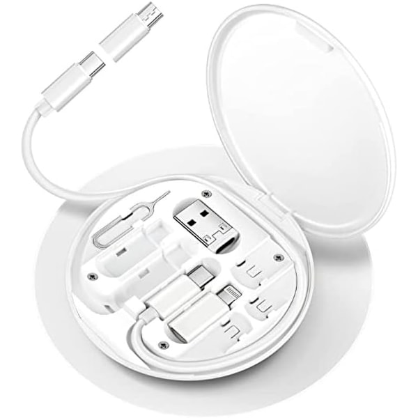 Multifunktionell datakabel förvaringsbox adapter för Lightning, USB-C och Micro-USB-enheter Universal dataöverföringskabel (vit)