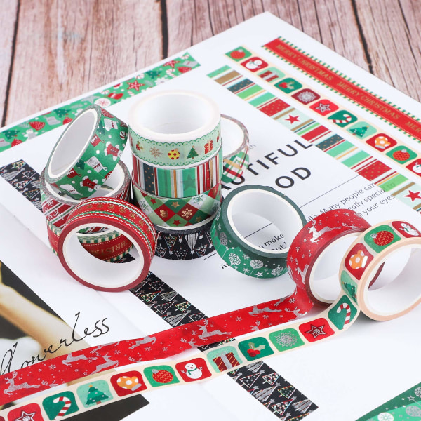 Christmas Washi Tape Sett 12 ruller Gull Sølv folie maskeringstape Pakke Fargerike dekorative tynne tapes Juleferie Kunst Craft Tape DIY (1,5 cm X 5 m)