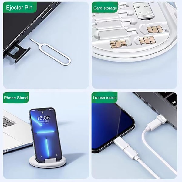 Multifunktionel datakabel opbevaringsboks adapter til Lightning, USB-C og Micro-USB enheder Universal dataoverførselskabel (hvid)
