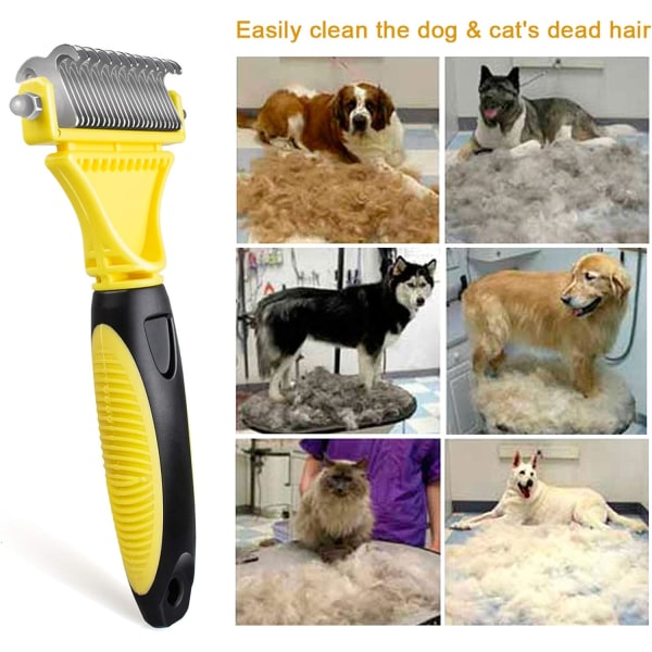 Koiranharja Kissanharjan hoitokampa, kaksipuolinen aluskarvan harava pitkäkarvaisille lemmikeille Kissakoira Vähentää tehokkaasti hiustenlähtöä jopa 90 % (keltainen) Yellow