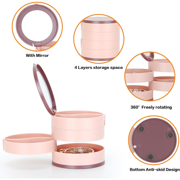 4-lags roterende lille smykkearrangør til kvinder piger, rejseakryl smykkeholder til halskæder øreringe armbånd ringe (Pink)