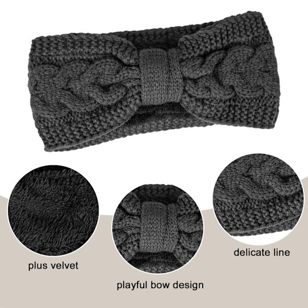 Vinterstrikkede termiske pandebånd til kvinder Strikkede sløjfe fløjl ørevarmer pandebånd til damer piger, elastiske hæklede hårbånd tyk turban Gray,Black