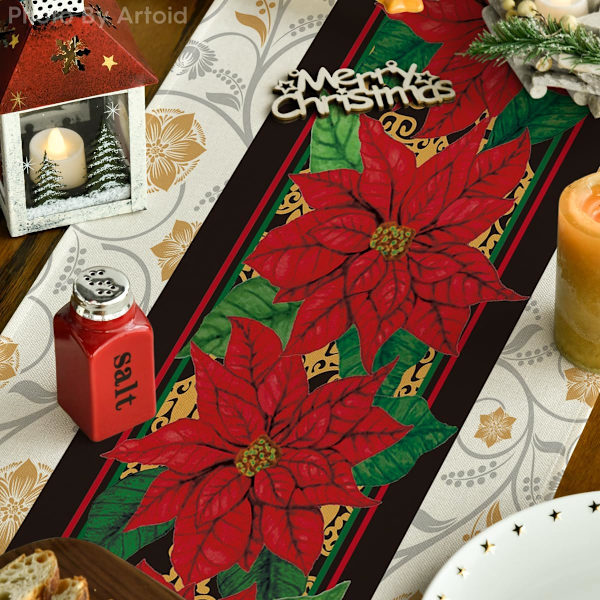 Vesiväri Poinsettiapinkki Joulupöytäliina, Kausi Talvi Joululoma Keittiö Ruokapöydän Koriste Juhliin 13 x 72 Tuumaa, Beige