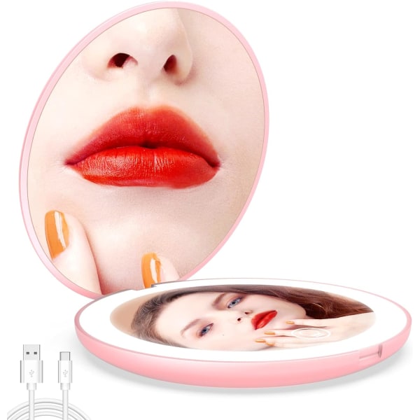 Makeup-spejl, genopladeligt dæmpbart led-lysspejl, 1x/10x forstørrelsesspejl med lys, 4 tommer håndholdt bærbart spejl til håndtaske, pink Pink