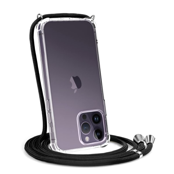 Crossbody-deksel for iPhone14 Pro, Halskjede Mobiltelefondeksel med ledningsstropp Gjennomsiktig mykt iPhone 14-dekselholder-svart