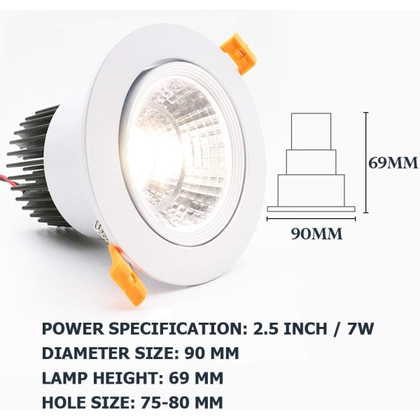 6 LED Downlights, 7W COB AC220-240V, Naturlig Hvit 4000K, Justering 30°, IP44, Utskåret 70-80mm(Svart)[Klasse] Energi A] 4000K