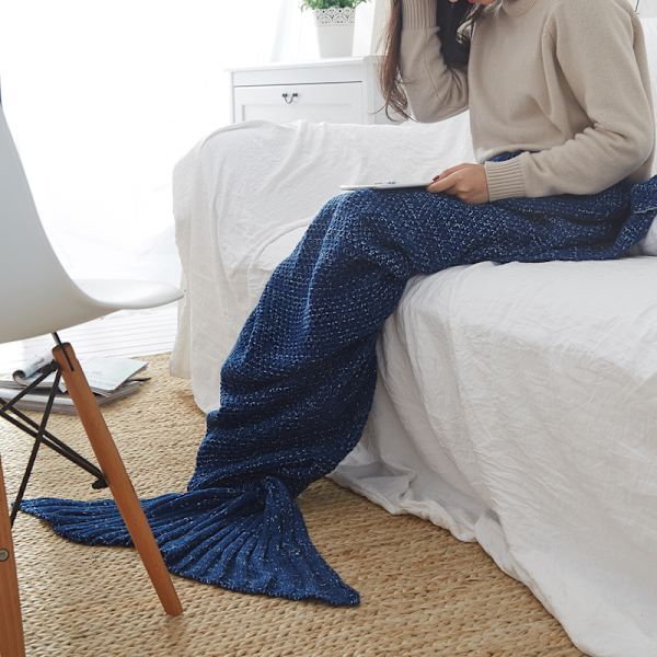 Teppe havfruehale teppe strikket fiskehale teppe sofa teppe Navy blue 80*180cm