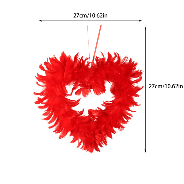 Hjerteformet Valentinsdag-dekorasjon, rød fjærdekorativ krans, Valentinsdag-kransdekorasjon rød hjerteformet girlander (rød)