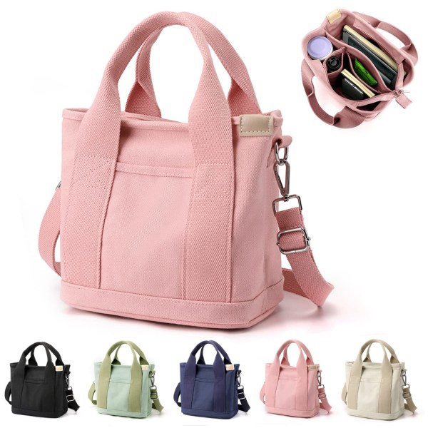 Multi-pocket tygväska med dragkedja, japansk handgjord handväska i canvas med fack, multifunktionsväska Pink