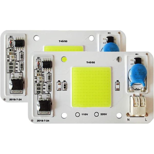 2 stk. LED-chip 50W hvid 6000K 220V COB LED-chip Ingen lodning påkrævet Indbygget smart IC-driver til LED-projektør