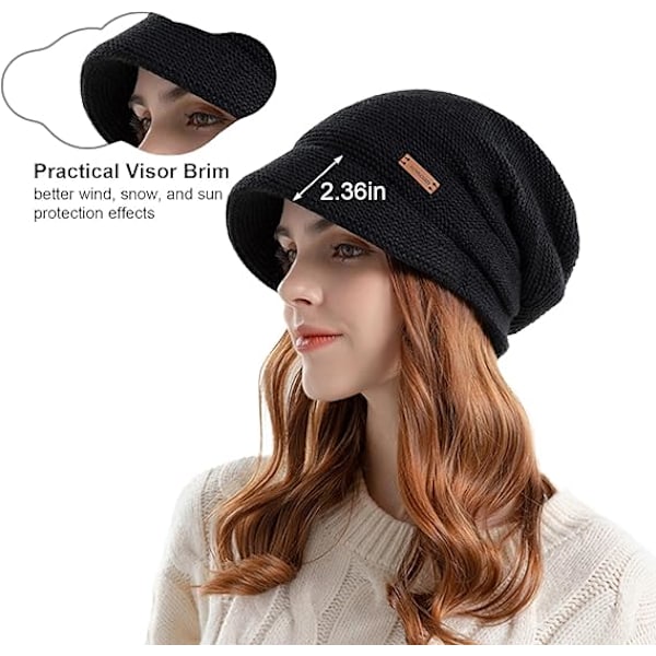 Damer Slouchy Strikket Hat Vinter Varmt Fleeceforet Beanie Hat Strækbar Skull Cap med Visir Brim, Sort