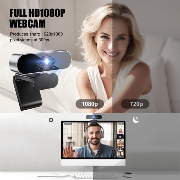 Webbkamera för PC med Mikrofon, 1080P Full HD Webbkamera, 360° Rotation USB Plug Play Kamera för Stationär Dator Laptop Mac, Linux Web Cam Streaming Youtube