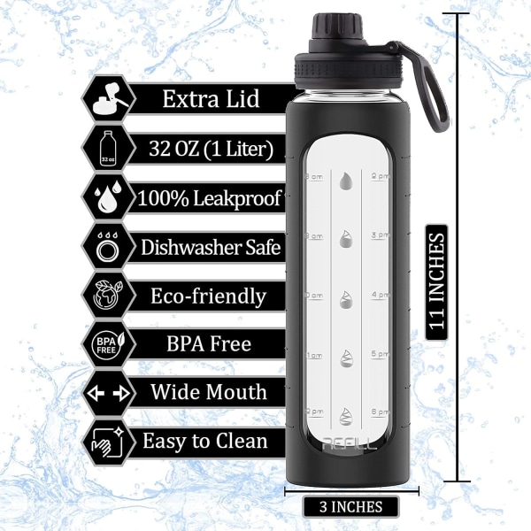 32 oz Glass Water Bottle with Time Marker Reminder，1 Liter Glass Drinking Bottle, BPA Free, (Black Sleeve)