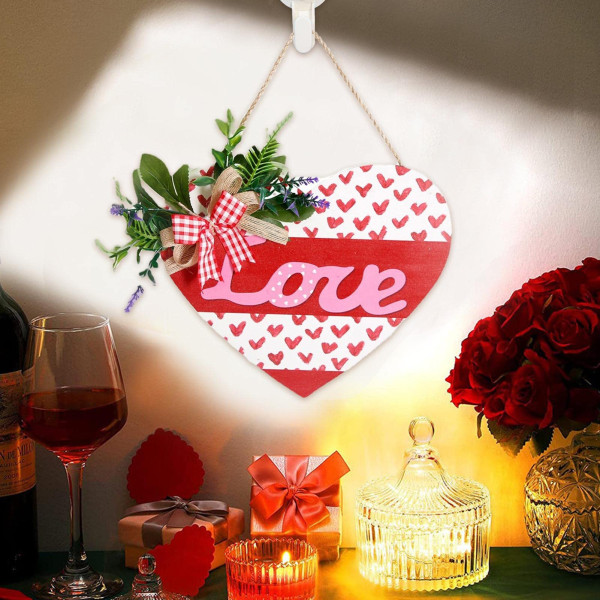 Valentinskrans, Valentinsdags hjertedekoration - Valentinsskilt i træ med kunstig blomsterdørophæng, lyserød rød hjerteformede dekorationer Red white