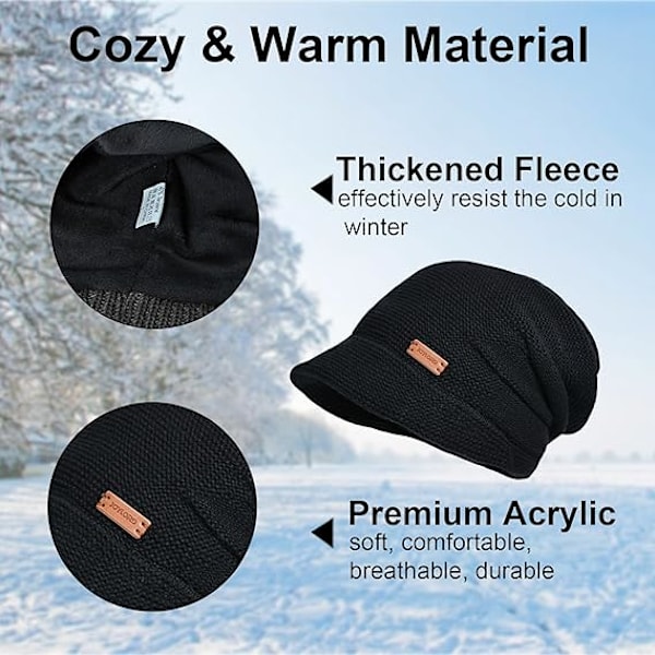 Damer Slouchy Strikket Hat Vinter Varmt Fleeceforet Beanie Hat Strækbar Skull Cap med Visir Brim, Sort