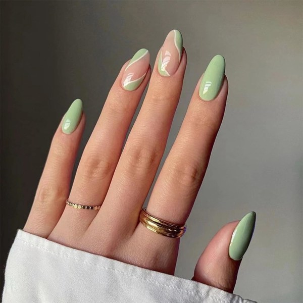 24 st False Nails - Mandel Medium Long French Press on Nails - Green Wave Design Fake Nails with Manicure Tool Kit - Stick on Nails for Women